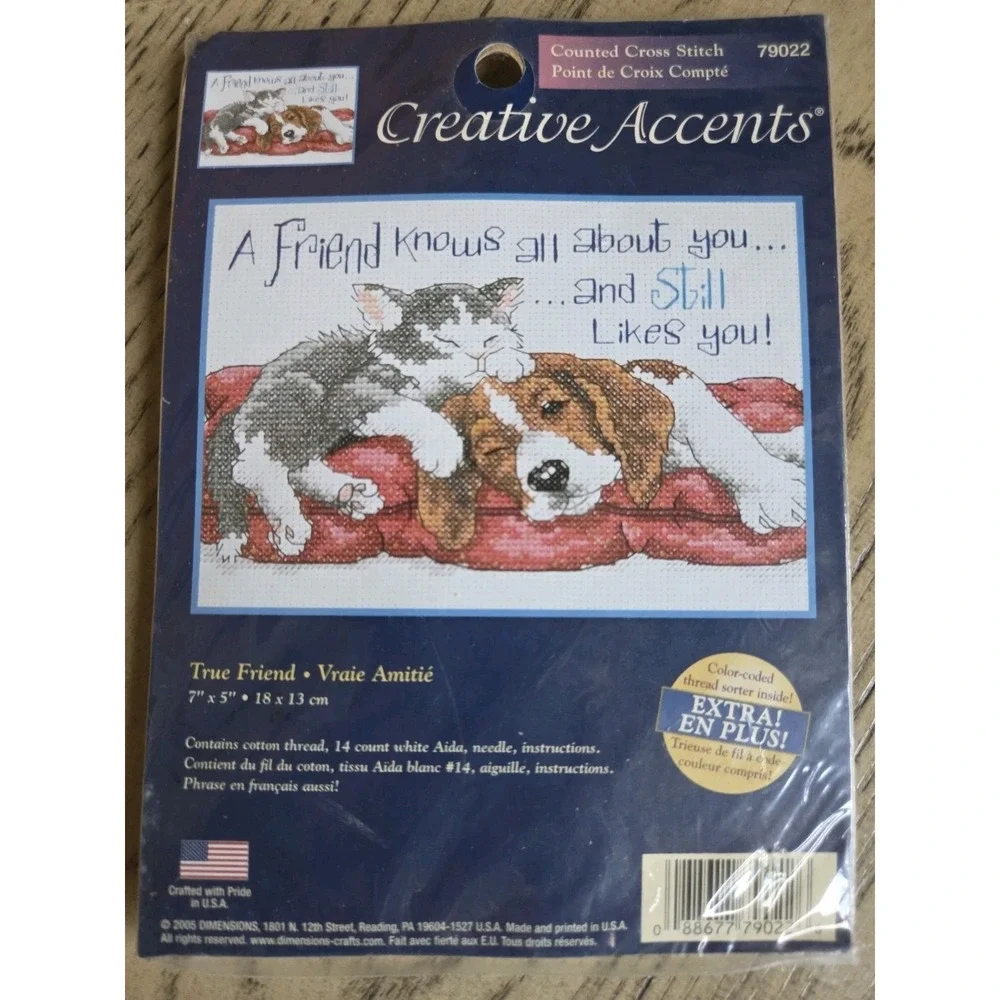 New Creative Accents 14-Count Cross Stitch Kit True Friend #79022 Vtg Dog Cat